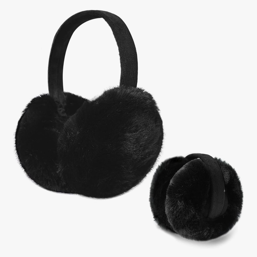 Earmuffs Faux Fur  Foldable Ear Warmers Fluffy for Cold Weather in Black
